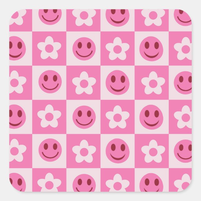 Schachte Blume und fröhliche Gesichter rosa Quadratischer Aufkleber (Vorderseite)