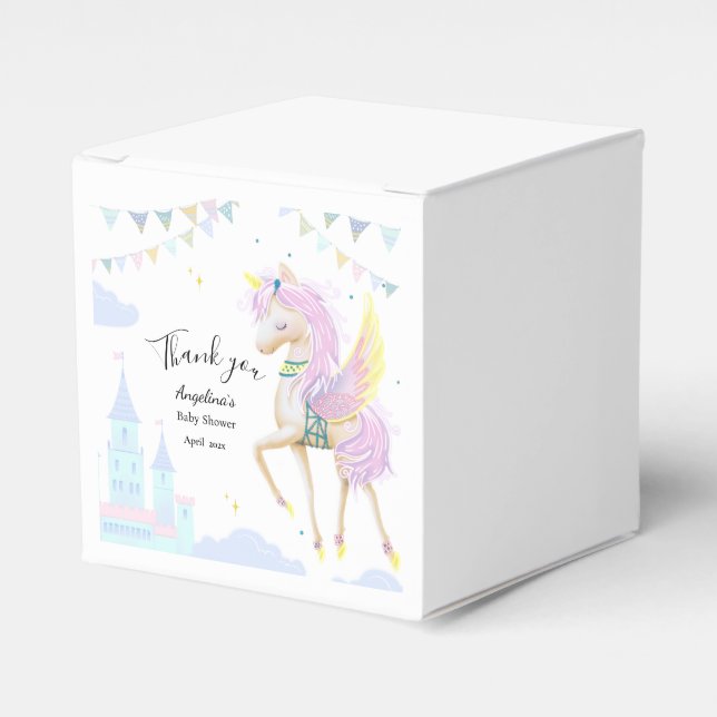 Schachtel für eine Babydusche mit Einhorn. Geschenkschachtel (Vorderseite)