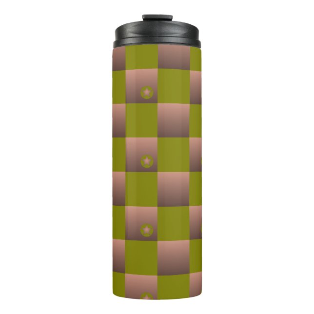Schachtelmuster in braun und olivgrün thermosbecher (Vorderseite)