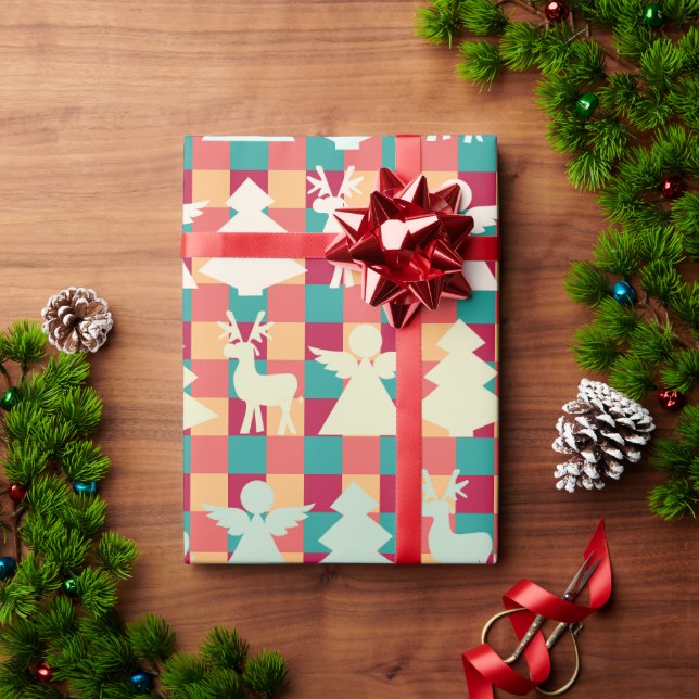 Schachtelmuster mit Engeln, Rentieren und Bäumen Geschenkpapier (Feiertagsgeschenk)