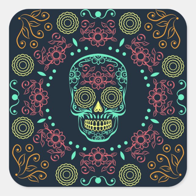 SCHÄDEL-Aufkleber-Siegel Dia de Los Muertos Neon Quadratischer Aufkleber (Vorderseite)