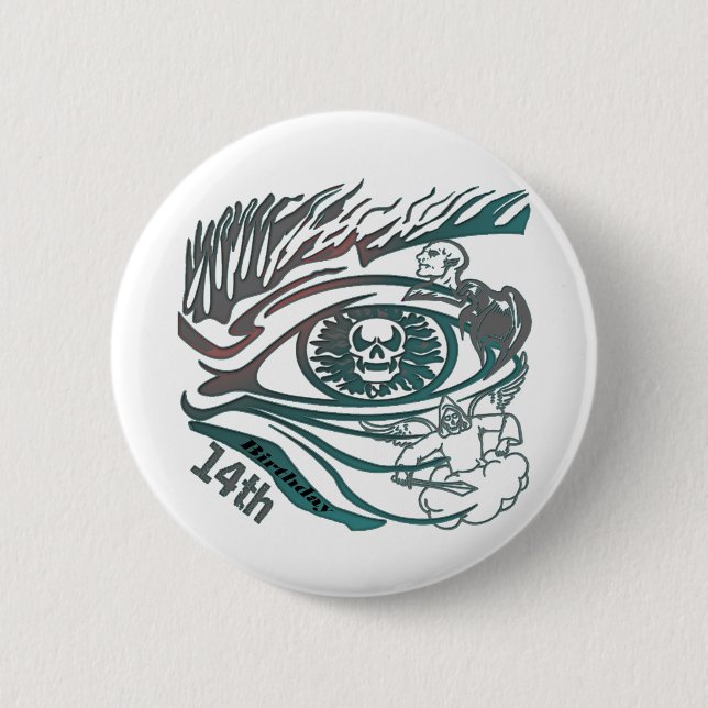 Schädel-Augen-14. Geburtstags-Geschenke Button (Vorderseite)