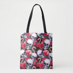 Schädel des Menschen mit Flamingo und rote Rose Bl Tasche