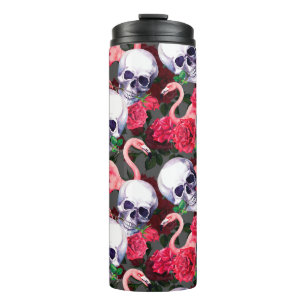 Schädel des Menschen mit Flamingo und rote Rose Bl Thermosbecher