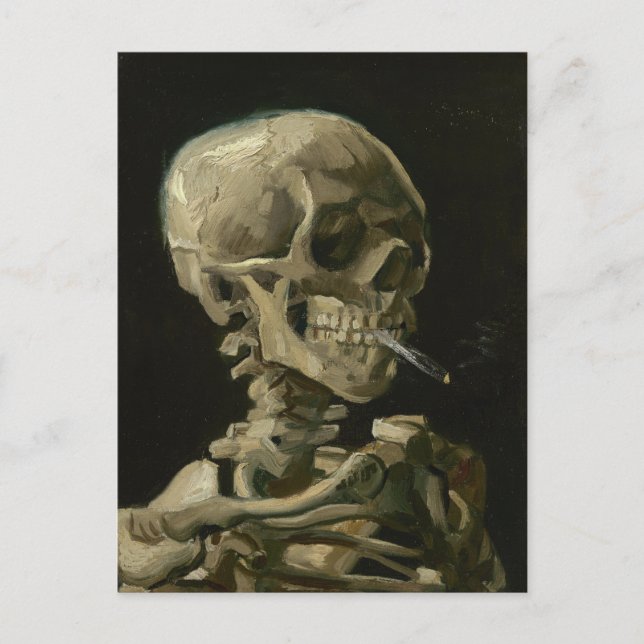Schädel eines Skeletts mit brennender Zigarette, V Postkarte (Vorderseite)