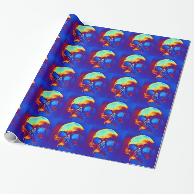 Schädel in Blau und Gold Geschenkpapier (Ungerollt)