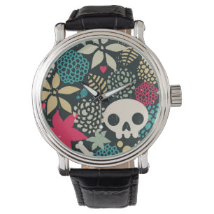 Schädel in Blume Armbanduhr