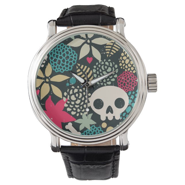 Schädel in Blume Armbanduhr (Vorderseite)