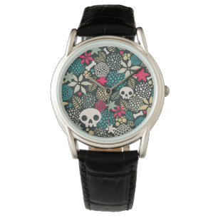 Schädel in Blume Armbanduhr