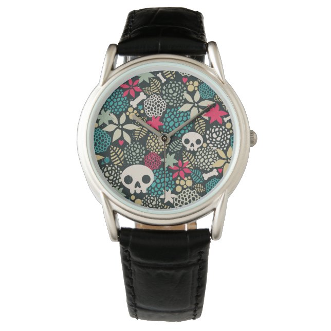 Schädel in Blume Armbanduhr (Vorderseite)