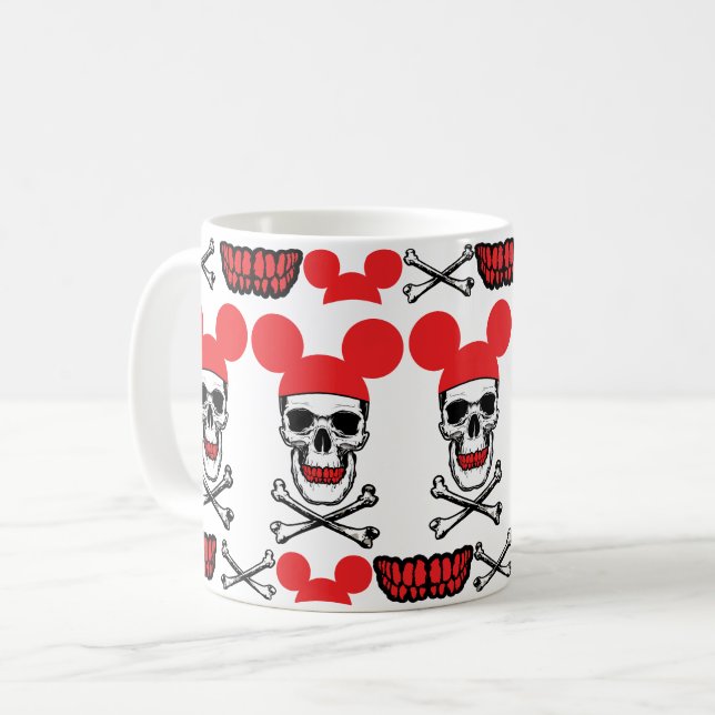 Schädel in Cartoon-Maus-Ear-Hut mit X-Bone Kaffeetasse (Vorderseite Links)
