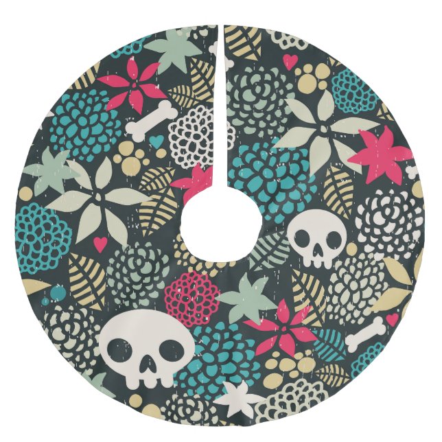 Schädel in den Blumen Polyester Weihnachtsbaumdecke (Vorderseite)