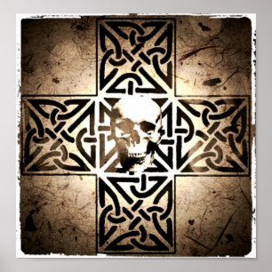 Schädel in keltischem Kreuz, Sepia, gealtertes Pos Poster