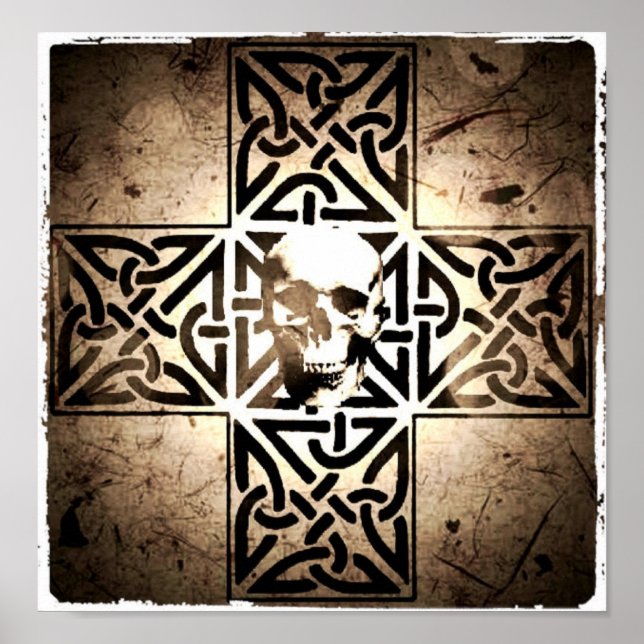 Schädel in keltischem Kreuz, Sepia, gealtertes Pos Poster (Vorne)