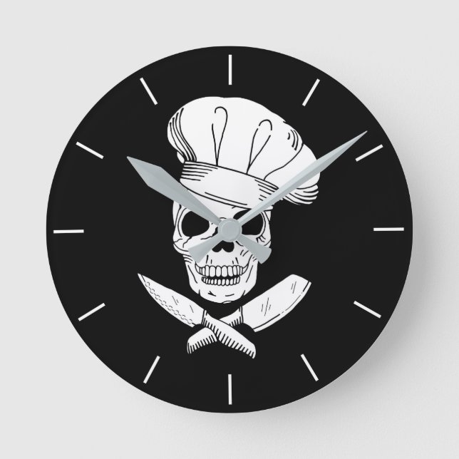 Schädel in Koch Baker Hat and Knives Kitchen Runde Wanduhr (Vorderseite)