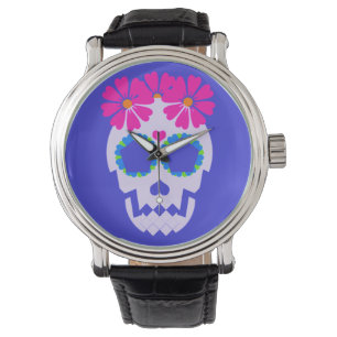 Schädel mit Blumen-Uhr Armbanduhr