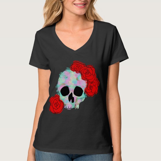 Schädel mit den Blumen-Frauen Spitzen T-Shirt (Vorderseite)