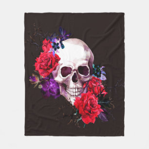 Schädel mit dunklen Blume und rote Rosen Fleecedecke