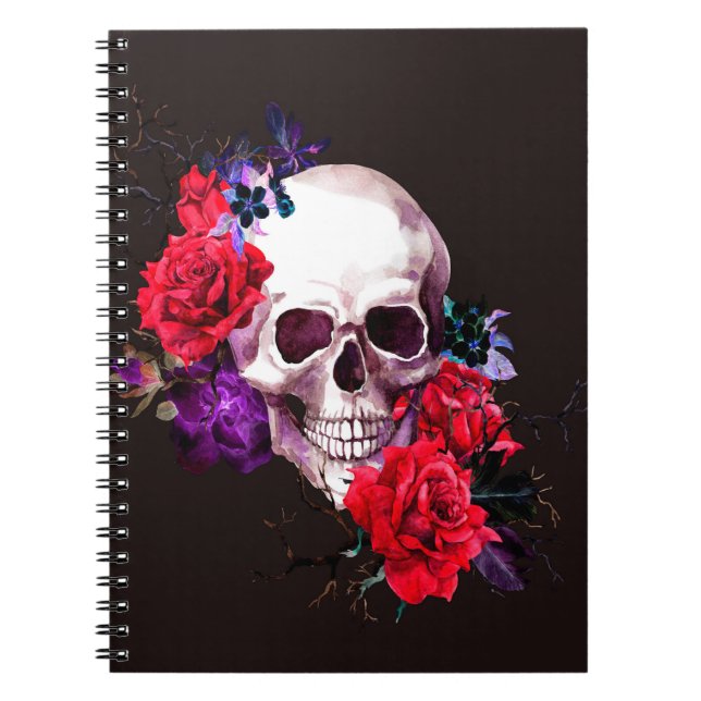 Schädel mit dunklen Blume und rote Rosen Notizblock (Vorderseite)