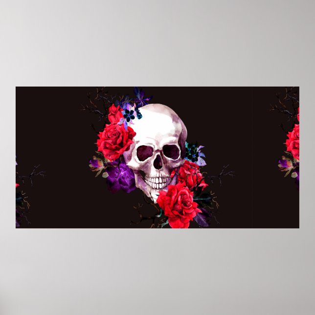 Schädel mit dunklen Blume und rote Rosen Poster (Vorne)