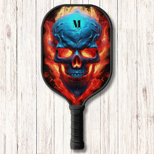 Schädel mit Flammen Modernes Monogramm Pickleball Schläger