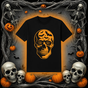 Schädel mit Fledermäusen und Spinnennetzen Hallowe T-Shirt