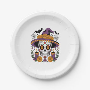 Schädel mit Hexenhutsieb Halloween Vector Pappteller