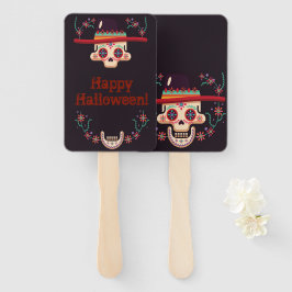 Schädel mit Hut und blumengeschmücktem Halloween-P Fächer