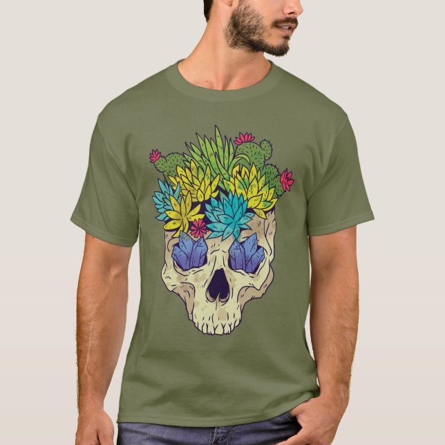Schädel mit Kristallen und Sukkulturen T-Shirt (Vorderseite)