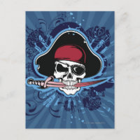 Schädel mit Piratenhut, Augenklappe und Schwert