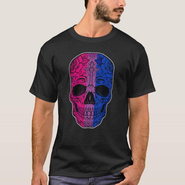 Schädel mit Rose Bisexueller Stolz Bisexualität Fl T-Shirt (Vorderseite)