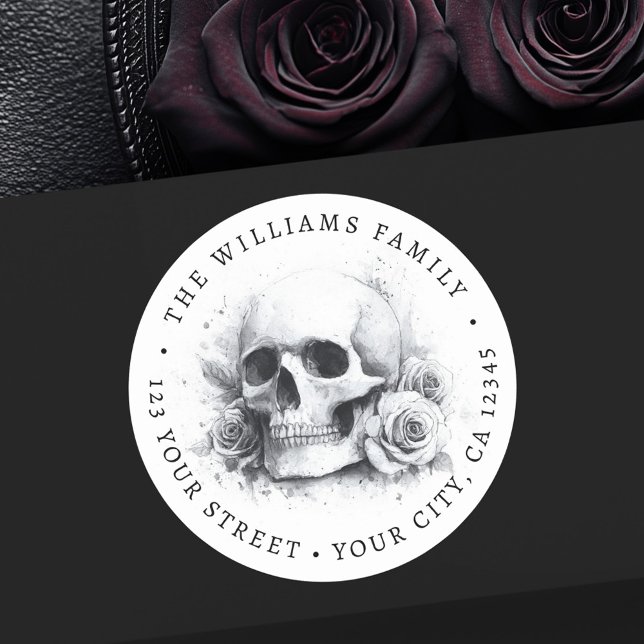 Schädel mit Rose Halloween-Rücksendeadresse Runder Aufkleber (Skull with roses Halloween return address Classic Round Sticker)