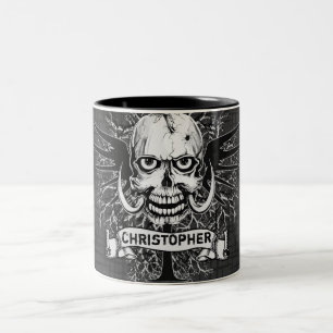 Schädel mit Rose, Hörner, Kreuz, Flügel Zweifarbige Tasse