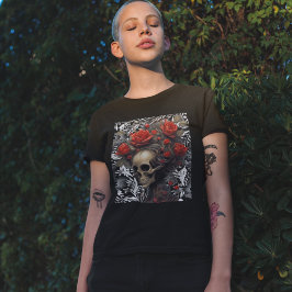 Schädel mit Rose im Freien in Vintagen Blätter T-Shirt