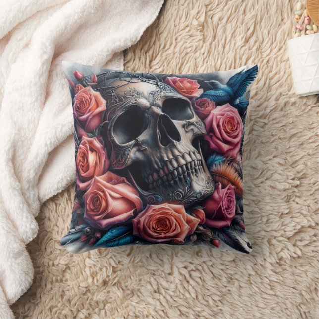 Schädel mit Rose und Bluebird Kissen (Decke)