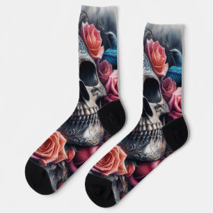 Schädel mit Rose und Bluebird Socken