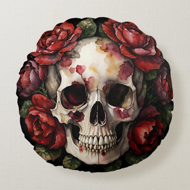 Schädel mit Rote Rosen Rundes Kissen (Vorderseite)