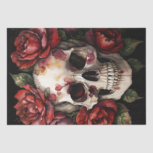 Schädel mit Rote Rosen Seidenpapier (Vorderseite)