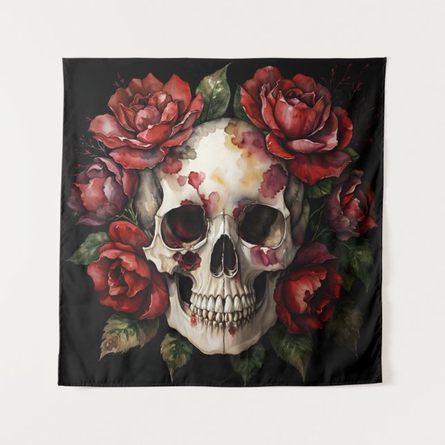 Schädel mit schwarzen Rote Rosen Wandteppich (Vorderseite)