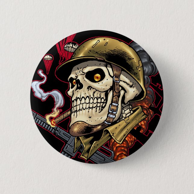 Schädel mit Sturzhelm, Flugzeugen und Bomben Button (Vorderseite)