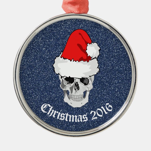 Schädel mit Weihnachtsmannmütze "Weihnachten 20xx Silbernes Ornament (Vorne)
