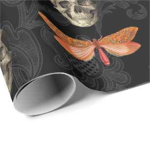 Schädel & Orange Schmetterling schwarzes Spitzen-W Geschenkpapier