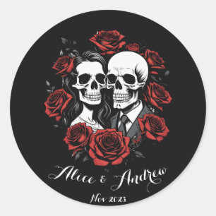 Schädel-Pärchen Gothic mit Rosen, personalisierter Runder Aufkleber