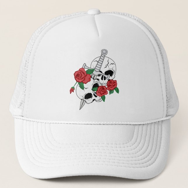 Schädel, Rose und Dagger Truckerkappe (Vorderseite)