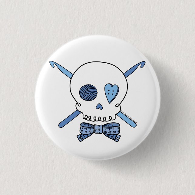 Schädel-u. Häkelarbeit-Haken (blau) Button (Vorderseite)