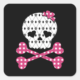 Schädel-u. Knochen-Lilien-Rosa-Polka-Punkt Quadratischer Aufkleber
