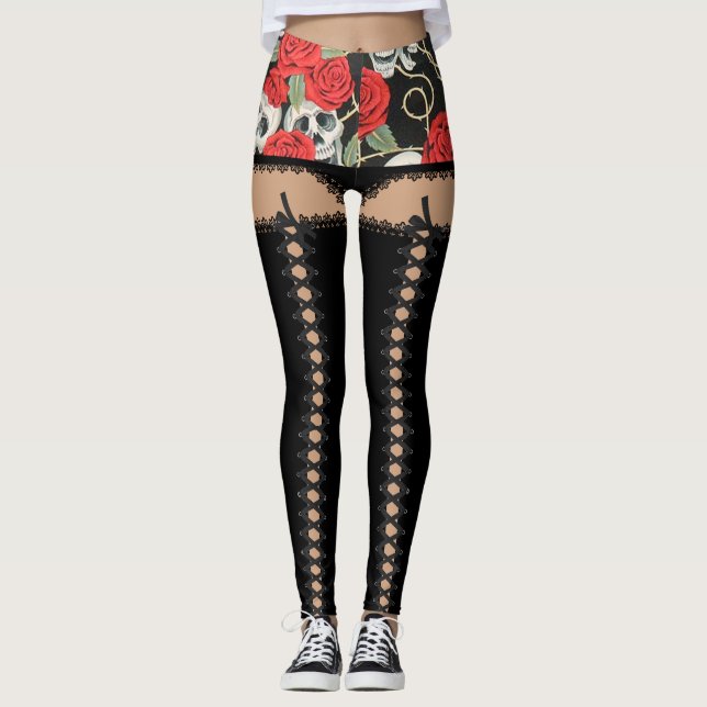 Schädel u. Rosen-Kostüm Leggings (Vorderseite)