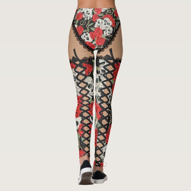 Schädel u. Rosen (schnüren Sie sich oben) Leggings (Rückseite)