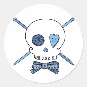 Schädel u. Stricknadeln (blau) Runder Aufkleber