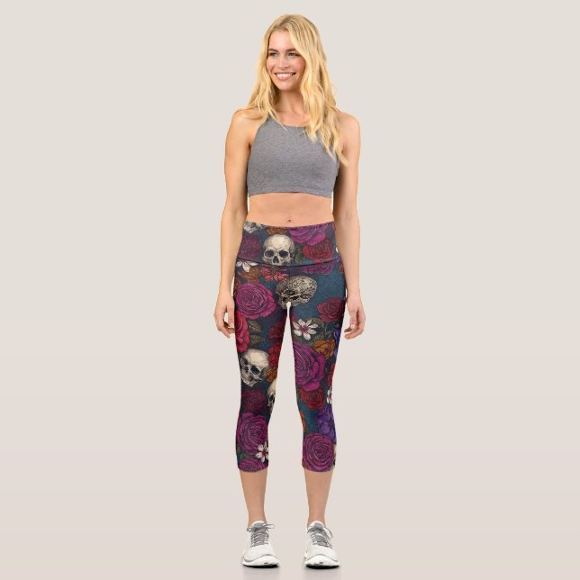 Schädel und Blume Capri Leggings (Vorderseite)